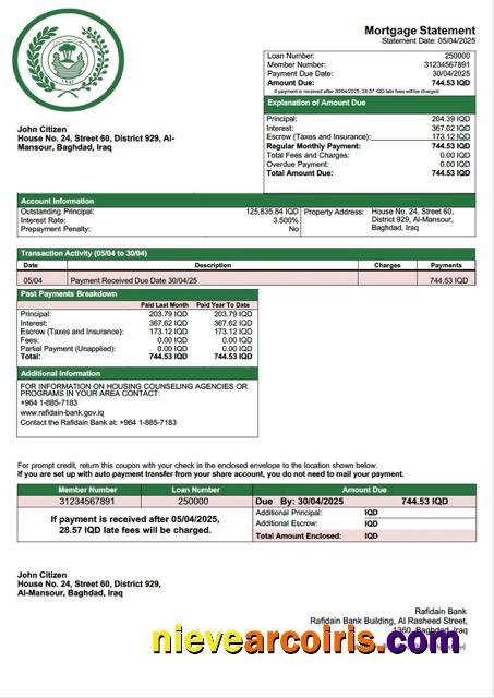 Iraq Rafidain Bank mortgage statement Word and PDF template